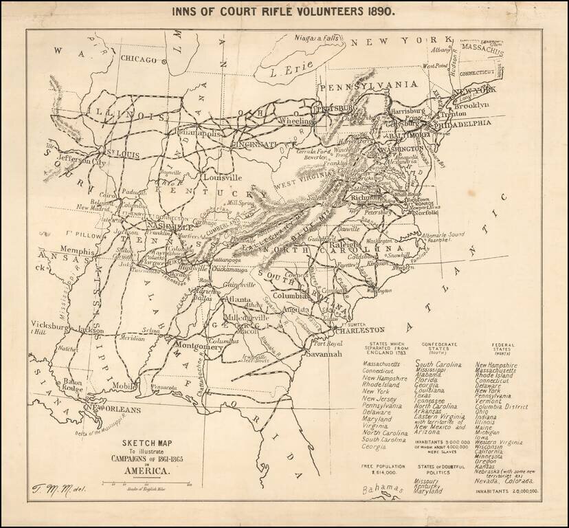 Inns of Court Rifle Volunteers 1890.  Sketch Map To Illustrate Campaigns of 1861-1865 in America.