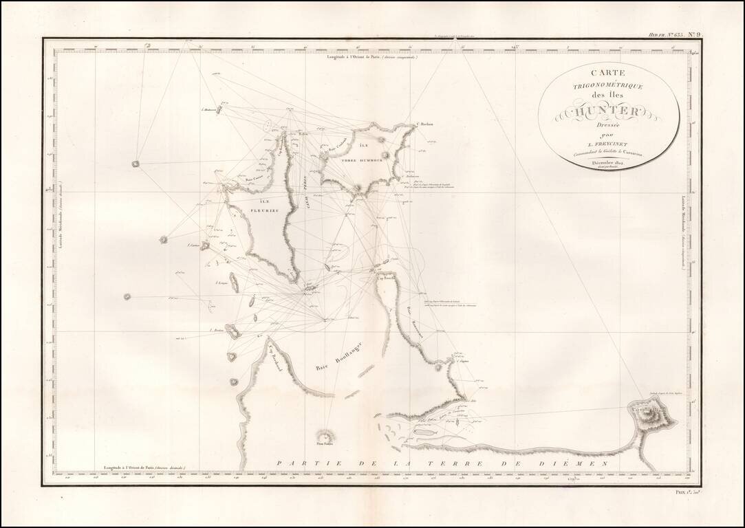 []Hunter Island / Tasmania]  Carte Trigonometrique des Iles Hunter dressee Par L. Freycinet, Commandant le Casuarina -- December 1802 (Rare Separately Published Example)
