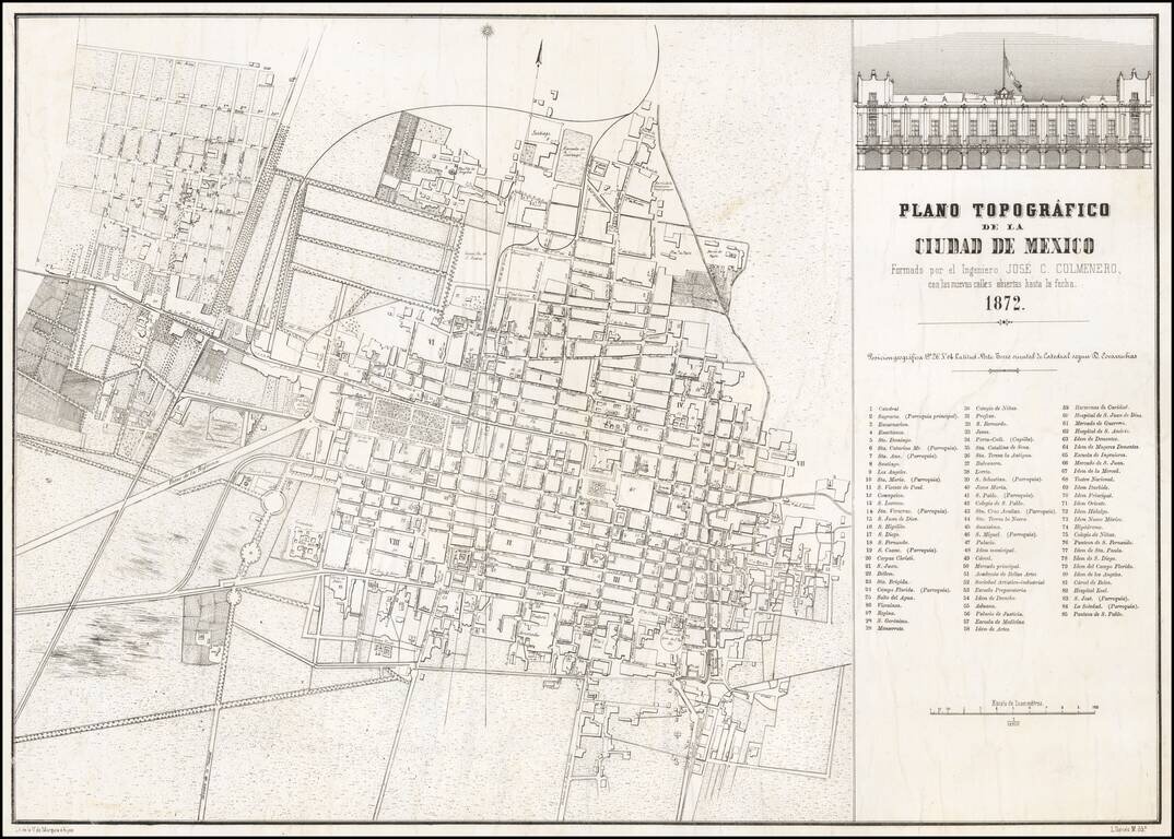 Plano Topográfico de la Ciudad de México Fromado por el Ingeniero Jose Colmenero, con las nuevas calles abierta hasta la fecha. 1872