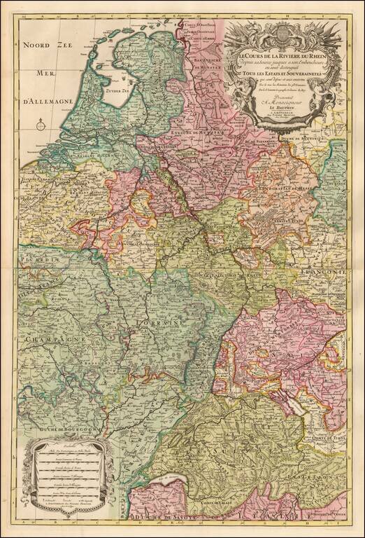 Le Cours de la Riviere du Rhein depuis sa Source jusques a son Emboucheure ou sont distingues Toutes les Estates et Souverainetes . . .