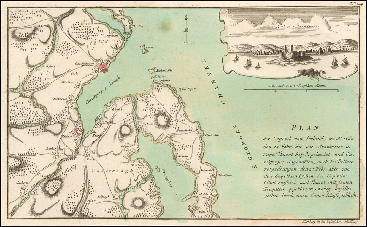 [Belfast and Carickfergus Lough]  Plan der Gegend von Irrland, wo Ao. 1760 dens 18 Febr der See Avanturier u Capt. Thurot bey A gelandet und Carickfergus eingenomen auch bis Bellast vorge drungen, den 27 Febr: aber von den Engellandischen See Capitain Ell