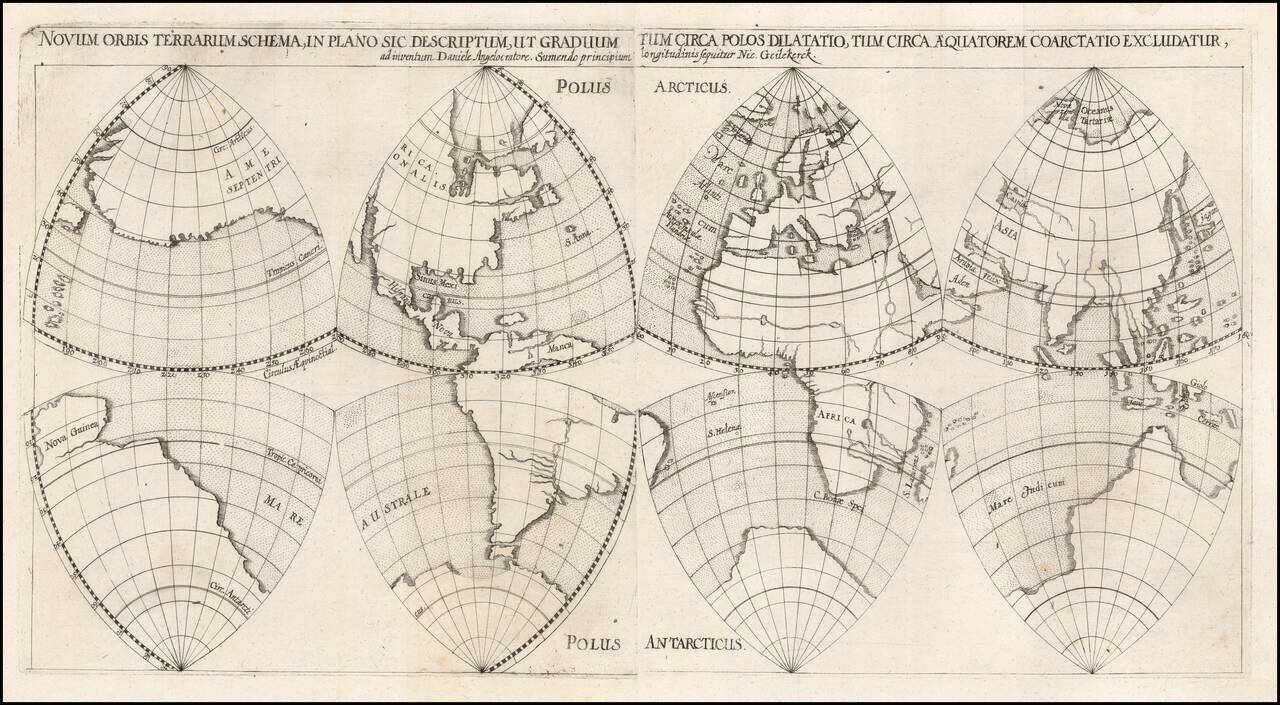 Novum Orbis Terrarum Schema, In Plano Sic Descriptum, Ut Graduum Tum Circa Polos Dilatatio, Tum circa Aequatoruem Coarctatito Excludatur,ad inventum Daniele Angelocratore.  Sumendo principium longitudinis Sequitur Nic. Geilekerck.