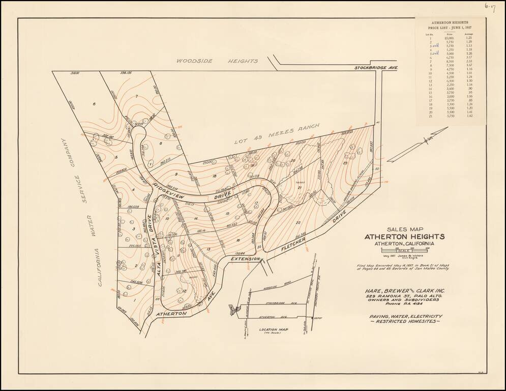 Sales Map Atherton Heights  Atherton California May 1937 . . .