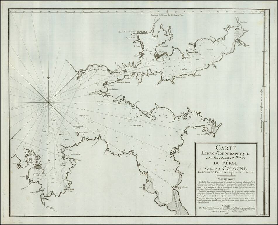 [A Coruña / Ferrol]  Carte Hidro-Topographique des Entrees et Ports du Ferol et de la Corogne  Publiee Par M.Degaulle . . . 1786