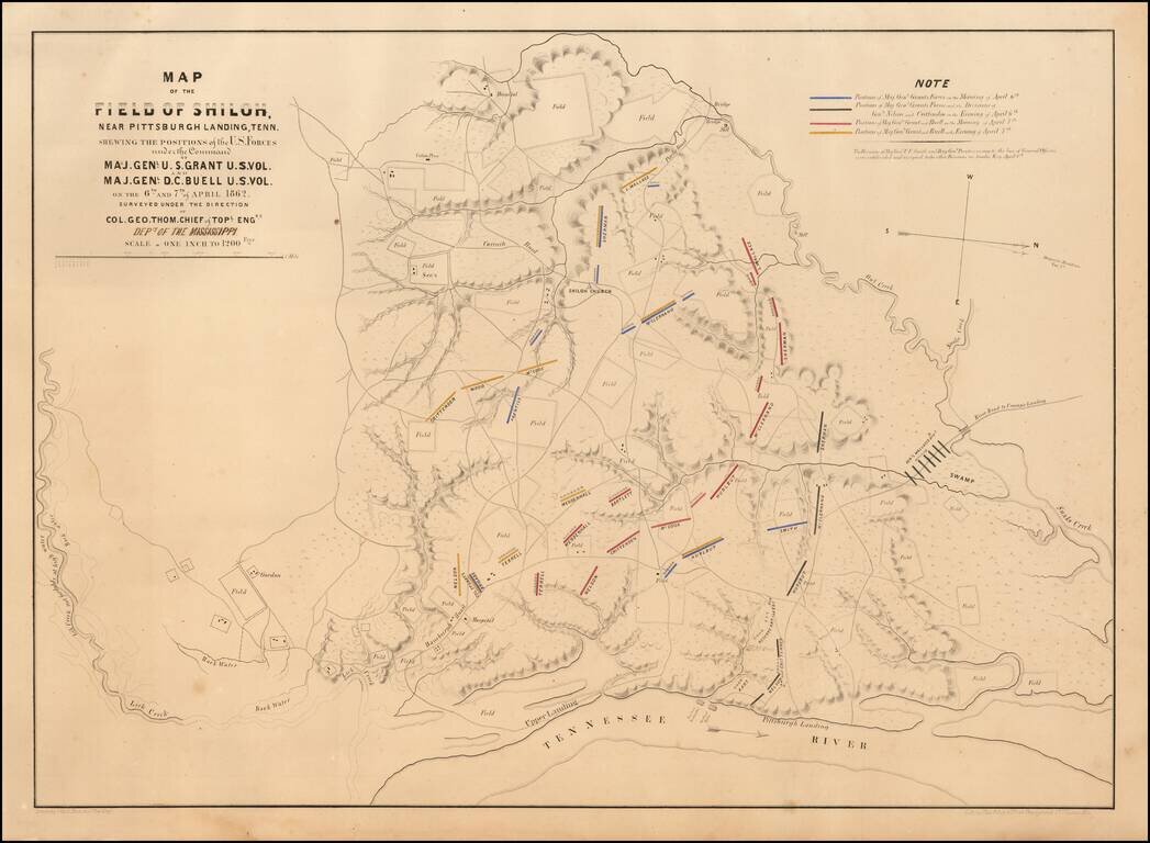 Map of the Field of Shiloh Near Pittsburgh Landing, Tenn. Shewing The Positions of the U.S. Forces under the Command of Maj. Genl. U.S. Grant U.S. Vol. Maj. Genl. D.C. Buell U.S. Vol. on the 6th and 7th of April 1862. Surveyed Under the Direction of Col. 