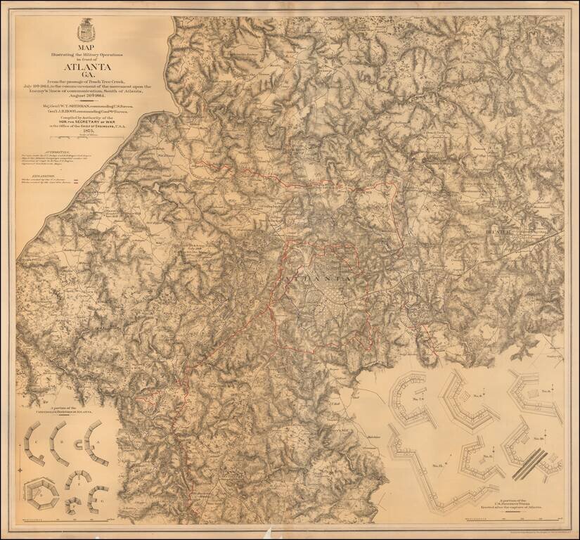 [Atlanta Campaign]  Map Illustrating the Military Operations in Front of Atlanta, Ga. From the Passage of Peach Tree Creek, July 19th 1864, to the Commencement of the Movement upon the Enemy's Lines of Communication, South of Atlanta, August 26th 1864 . .