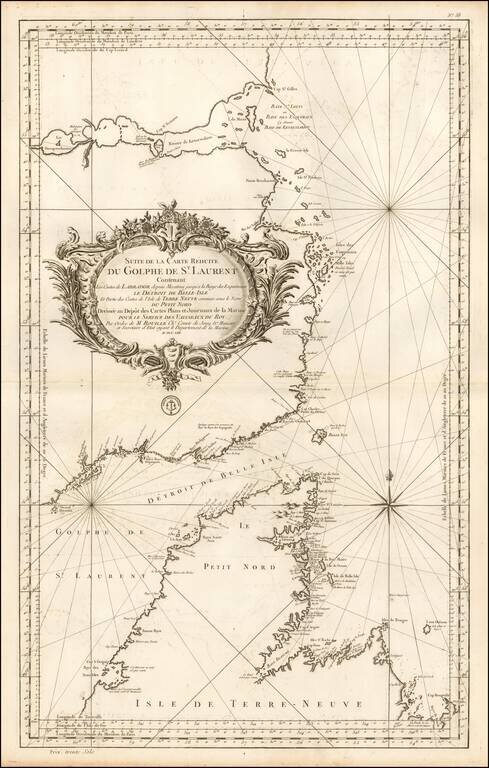 Suite de la Carte Reduite du Golphe de St. Laurent Contenant Les Costes de Labrador depuis Mecatina jusqu'a la Baye des Esquimaux Le Detroit de Belle-Isle Et Partie des Costes de l'Isle de Terre Neuve connues sous le Nom du Petit Nord . . . MDCCLIII