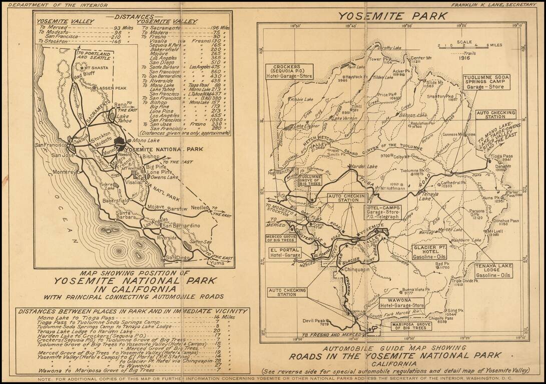 Automobile Guide Map Showing Roads in the Yosemite Valley