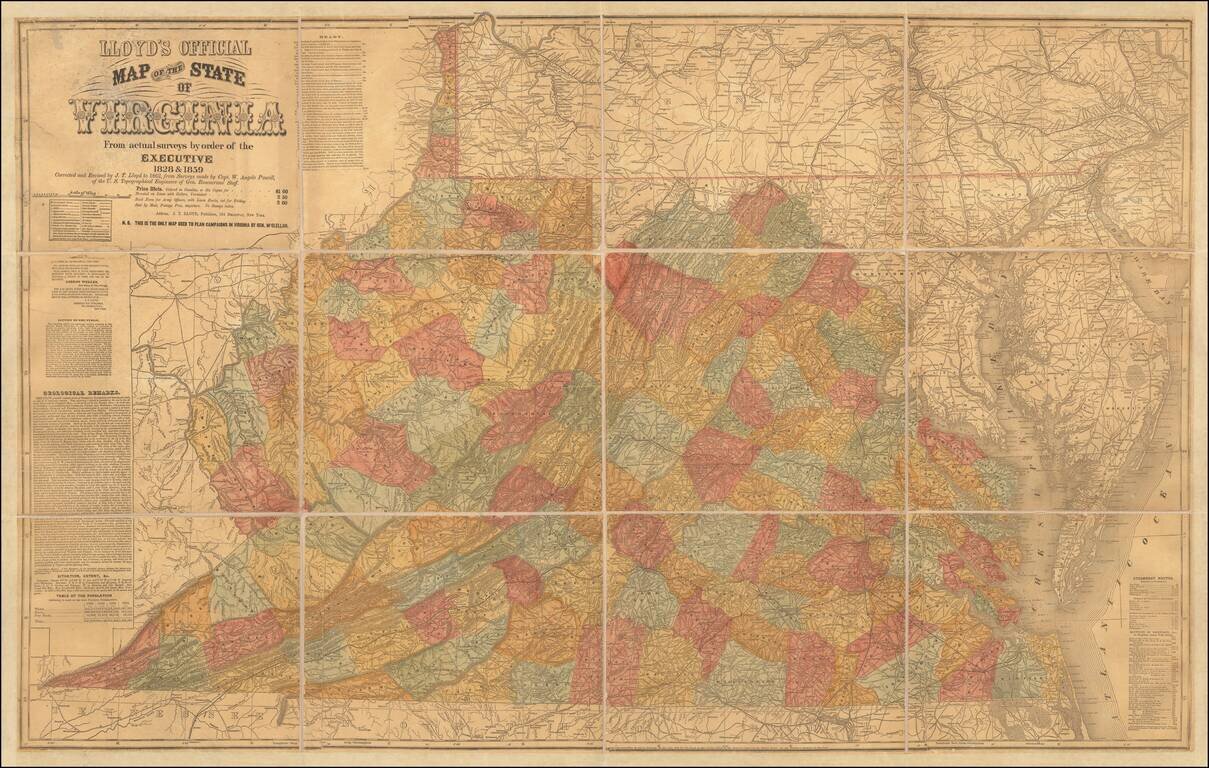 Lloyd's Official Map of the State of Virginia From actual surveys by order of the Executive, 1828 & 1859 Corrected and revised by J. T. Lloyd to 1862, from Surveys made by Capt. W. Angelo Powell of the U.S. Topographical Engineers of Gen. Rosencrans Staff