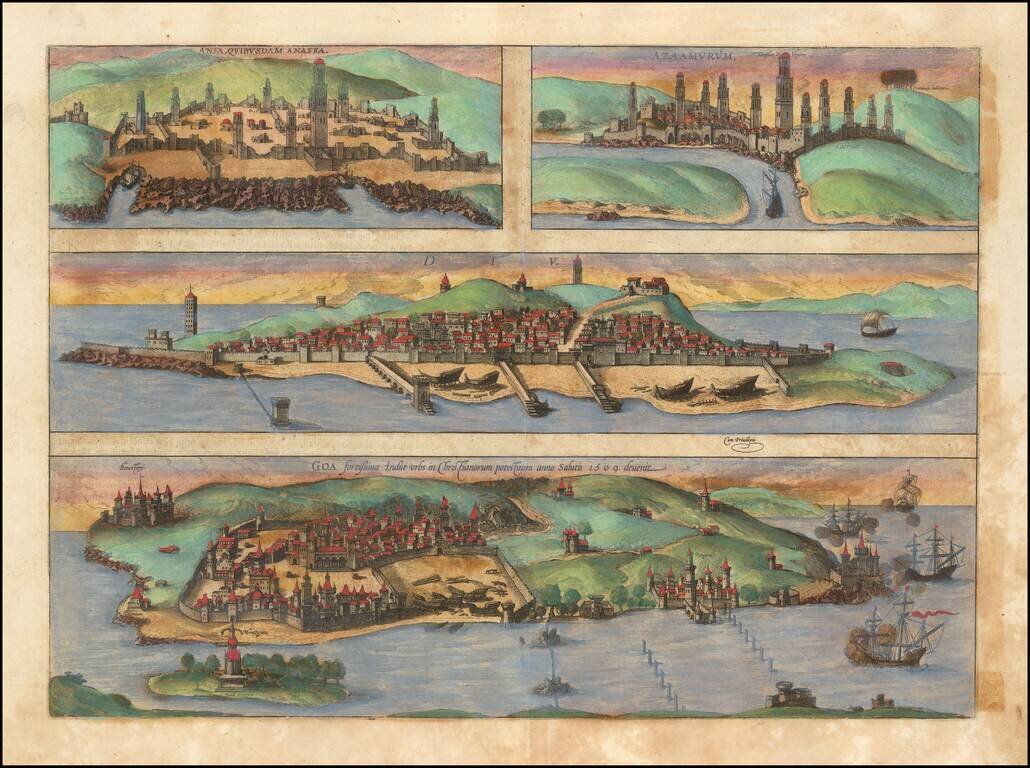 Anfa / Quibusdam Anaffa / Azzaamurum / Diiv  / Goa fortissima Indiae urbs in Christianorum potestatem anno Salutis 1509 . . .   (Casablanca, Goa, Diu and Azamor
