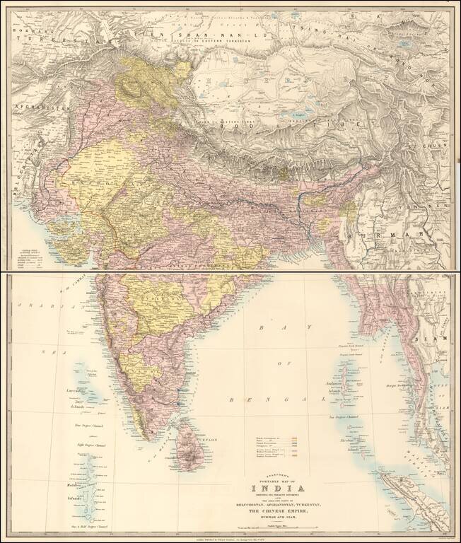 Stanford's Portable Map of India Shewing its Present Divisions and The Adjacent Parts of Beluchistan, Afghanistan, Turkestan, The Chinese Empire, Burmah and Siam.