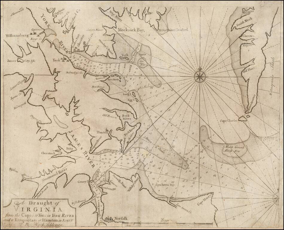 A Draught of Virginia from the Capes to York in York River and to Kuiquotan or Hamton in James River by Mark Tiddeman