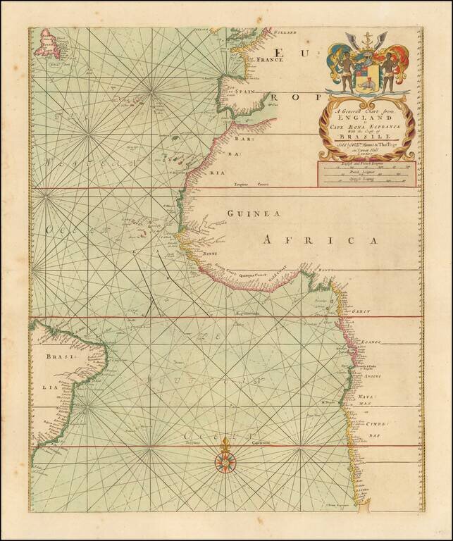 A Generall Chart from England to Cape Bona Espranca With the Coast of Brasile  Sold by Willm. Mount and Thos. Page on Tower Hill  London.