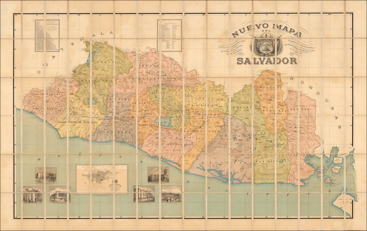 Nuevo Mapa Del Salvador Levantado por disposicion y bajo los auspicios del Supremo Gobierno por los Ingenieros Doctores Don Santiago I Barberena y Don Jose E. Alcaine de la Universidad de San Salvador 1892 - 1905