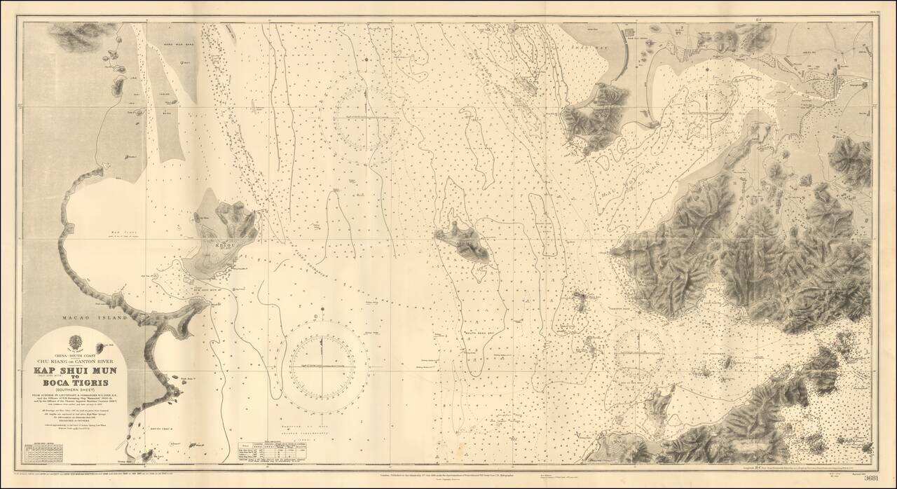 (Shenzen Bay, Hong Kong Gold Coast, Lantao Island, Macau) Chu Kiang or Canton River -- Kap Shui Mun to Boca Tigris (Southern Sheet) . From Surveys By Lieutenant & Commander W.O. Lyne, R.N. and the Officers of H.M. Surveying Ship Waterwitch 1900-01, and 