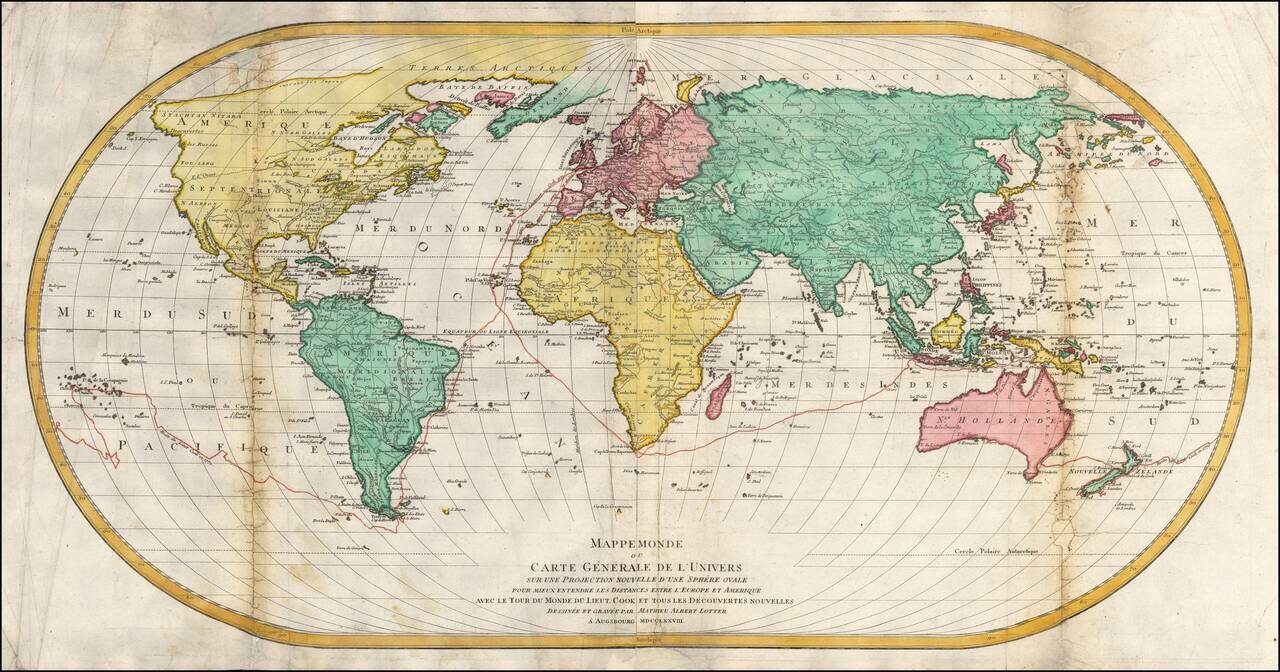 Mappe Monde ou Carte Generale de L' Univers Sur Une Projection Nouvelle D'Une Sphere Ovale . . . Avec Le Tour Du Mond Du Lieut Cook . . . MDCCLXXVIII