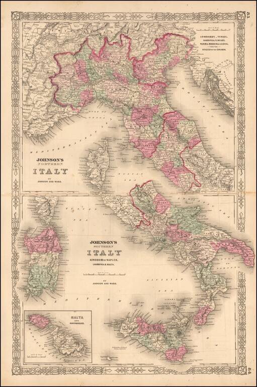 Johnson's  Italy. Venetia, Kingdom of Italy, Piedmont and Lombardy, Aemilia Tuscany, the Marches & Umbria, and the States of the Church.  (Large Malta Inset)