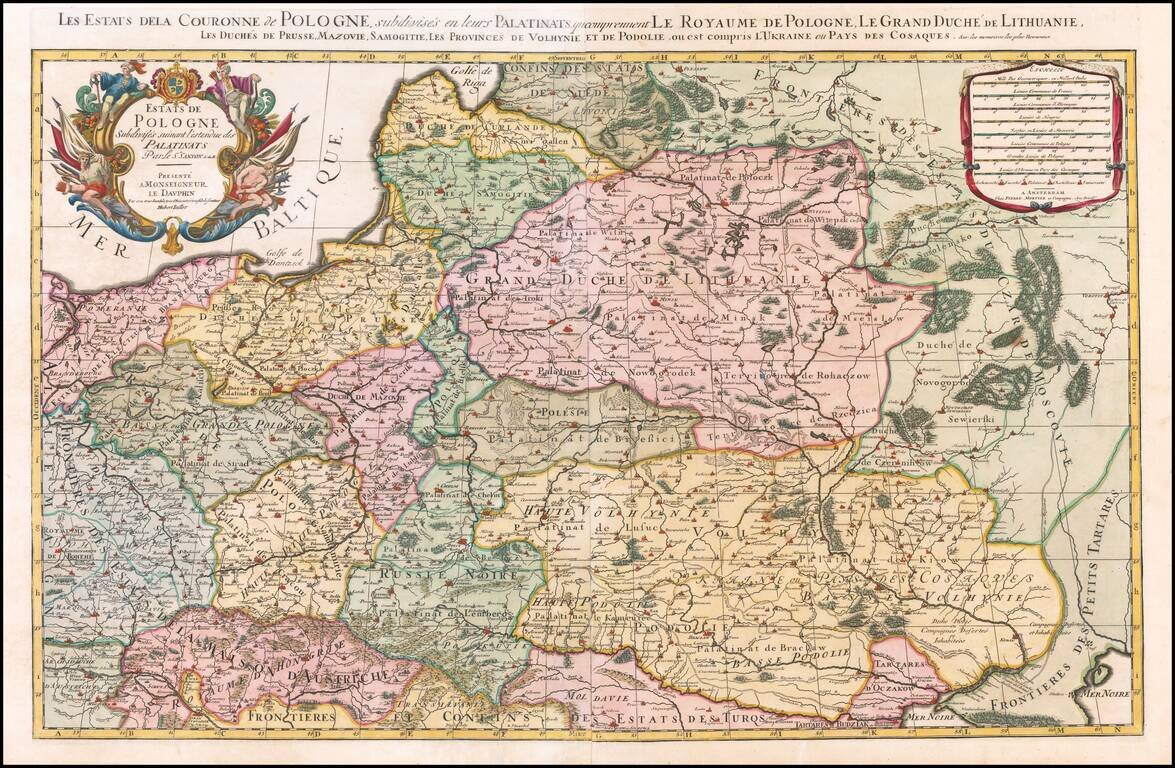 Estats De Pologne Subdivises suivant l'estendue des Palatinats Parle Sr. Sanson. G. du R.