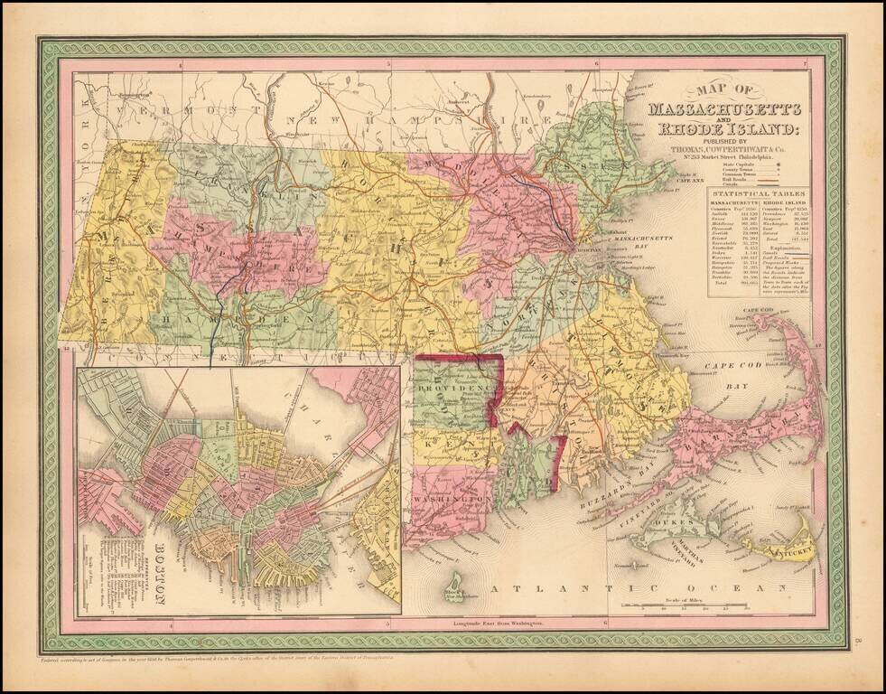 Map of Massachusetts & Rhode Island:  Published By Thomas Cowperthwait & Co.
(Boston Inset)