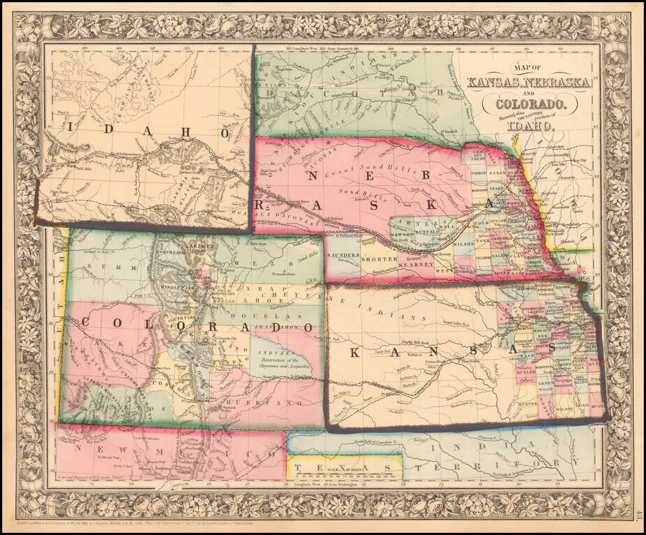 Map of Kansas, Nebraska and Colorado, Showing also The Eastern Portion of Idaho  (first appearance of Idaho)