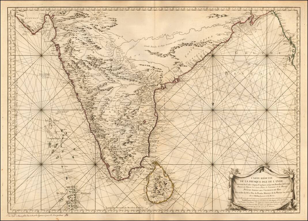 Carte Reduite De La Presque Isle De L'Inde Contenant les Costes depuis Cambaye jusqu'aux Bouches du Ganges Dressee au Depot des Cartes Plans et Journeax de la Marine . . . 1766