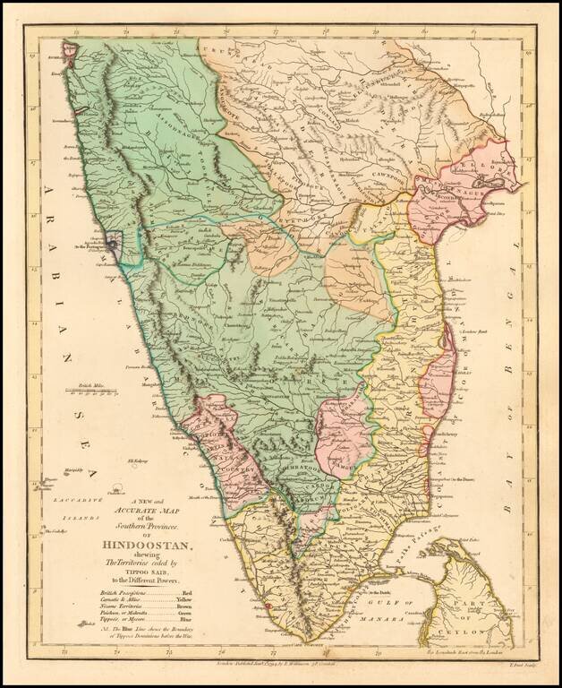A New and Accurate Map of the Southern Provinces of Hindoostan, shewing The Territories ceded by Tippoo Saib to the Different Powers.