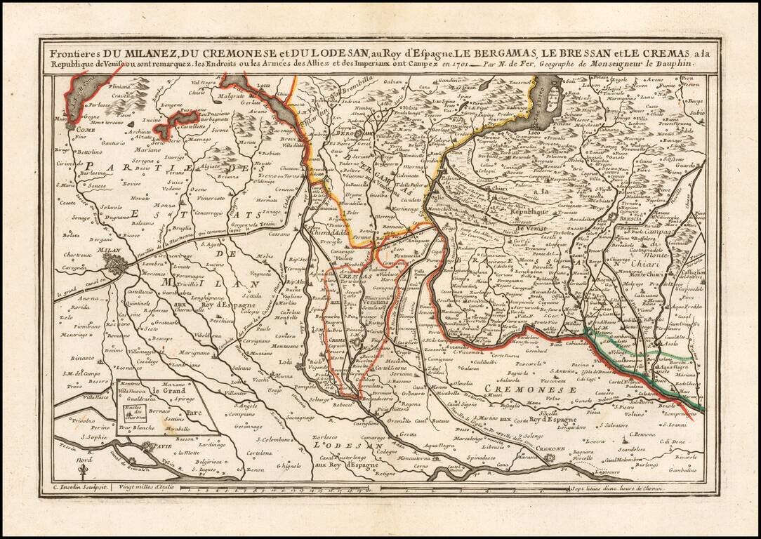 Frontieres Du Milanez, Du Cremonese et Du Lodesan, au Roy D'Espagne, Le Bergamas, Le Bressan et Le Cremas, a la Republique de Venise . . . 1701