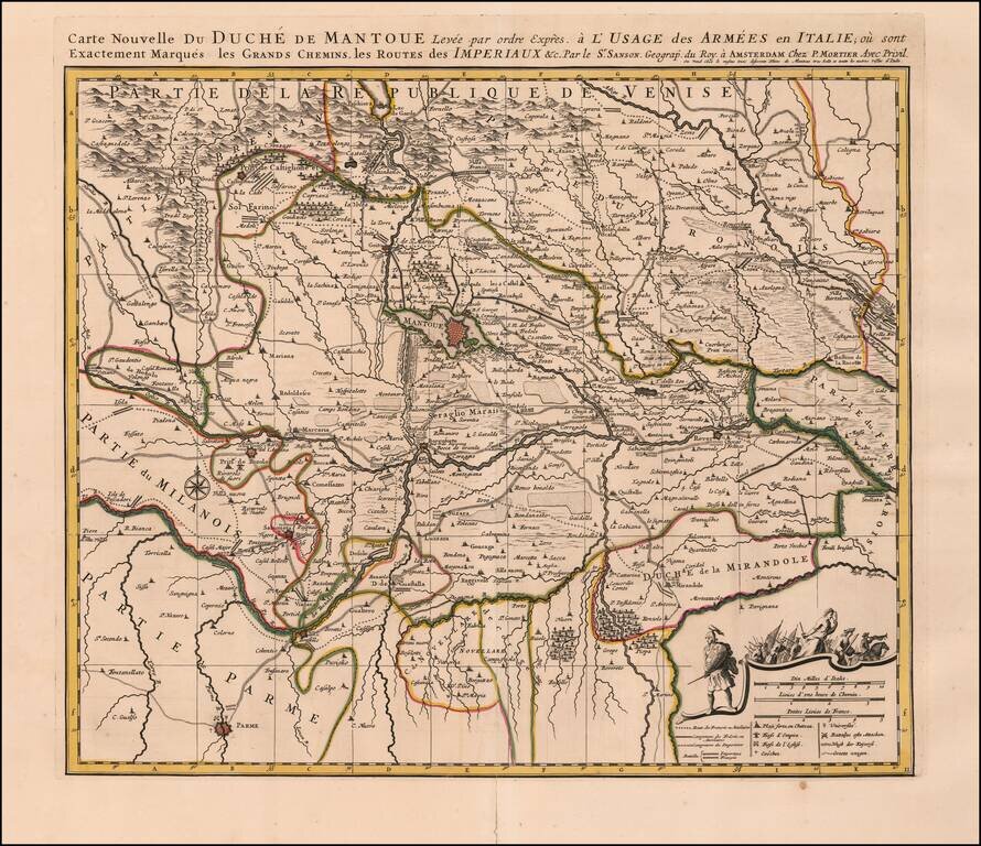 Carte Nouvelle Du Duche de Mantoue levee par ordre expres. a L'Usage des Armees en Italie; ou sont Exactement Marques les Grands Chemins, les Routes des Imperiaux &c. Par le Sr. Sanson.