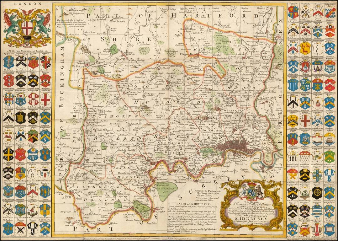 To the Most Noble Thomas Holles Pelham Duke of Newcastle . . . This Map of the County of Middlesex is Dedicated by his Grace's most humble Servant . . .
