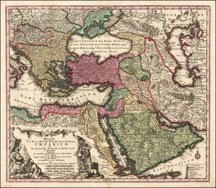 Magni Turcarum Dominatoris Imperium per Europam, Asiam, et Africam se extendens Regiones tam proprias quam tributarias et clientelares ut et omnes Beglerbegatus sive Praefeturas Generals ocuis sistens accuratissima cura delineatum . . .  (with Text Sheet)