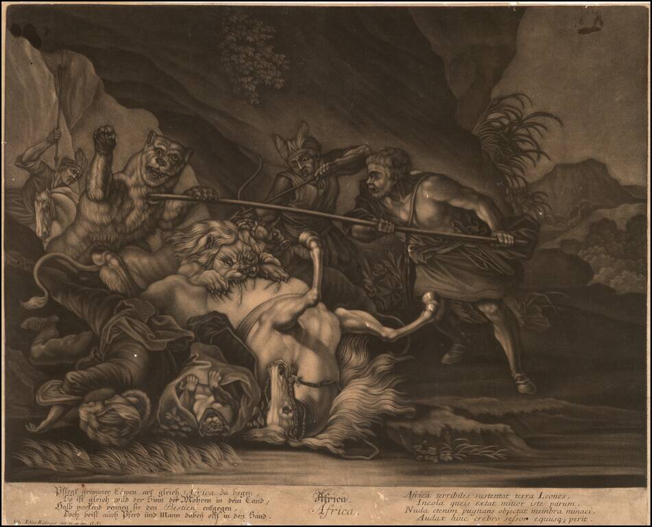 [Set of Four Allegorical Mezzotints of the Continents -- With a Mastodon!] America. Europa. Africa. Asia.