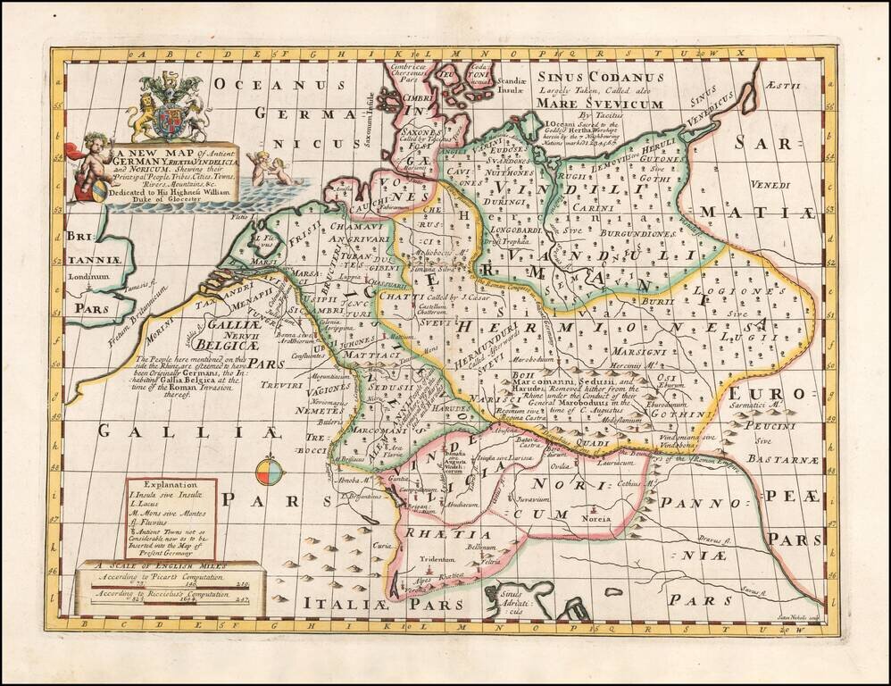 A New Map of Antient Germany, Rhaetia, Vindelicia, and Nordicum, Shewing thier Principal People, Tribes, Cities, Towns, Rivers, Mountains, &c.
