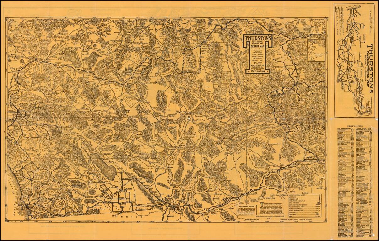 Thurston's Auto - Highway , Mountain and Desert Map Showing Towns, Railways, and Waterholes Between Grand Canyon, Williams, Prescott, Barstow, Riverside, San Bernardino, San Diego, Yuma and Phoenix . . .