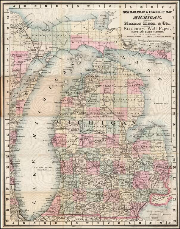 New Railroad & Township Map of MIchigan.  Published By Nelson Bros. & Co., Jobbers of Staionery, Wall Paper, Cloth and Paper Curtain . . .  Grand Rapids, Mich.