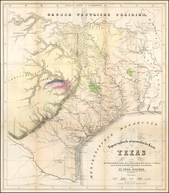 (1st Geological Map of Texas -- Book and Map)  Topographisch-geognostische Karte von Texas mit Zugrundelegung der gogrpahischen Karte v. Wilson nach eignenen Beobachtungen bearbeitet von Dr. Fred. Roemer