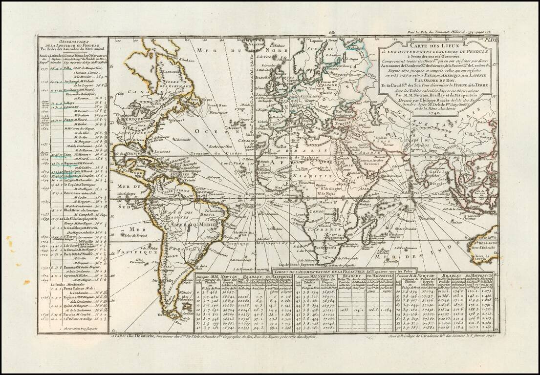 Carte des Lieux ou les Differentes Longueurs du Pendule a Secondes ont ete Observees comprenant toutes les Observns. qui en ont été faites par divers Astronomes de l'Académie Royale des Sciences, de la Societé Rle. de Londres &c. Depuis 1670 jusques & com