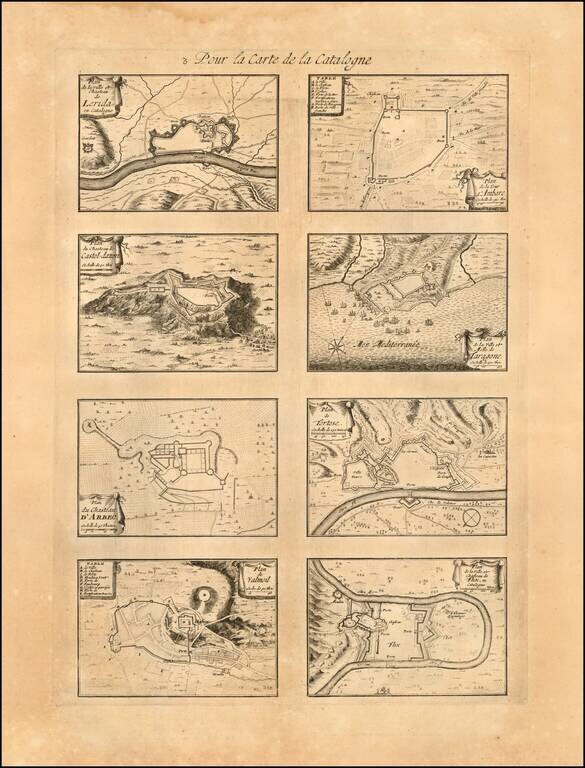 Principaute De Catalogne. Ou sont compris Les Comtes de Roussillon et de Cerdagne divises en leurs Vigueries  (Including 32 additional Catalan City Plans on 4 sheets)