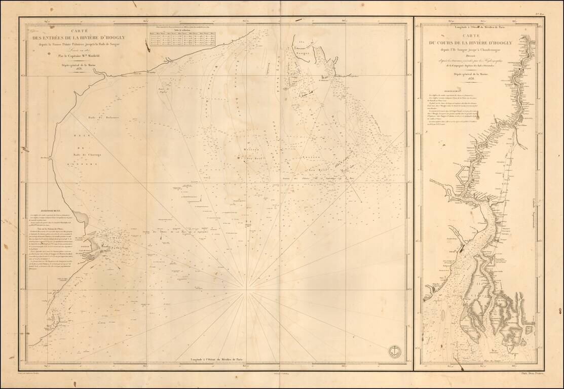 Carte Des Entrees De  La Riviere D'Hoogly depuis la Fausse Pointe Palmiras jusqu'a la Rade de Saguor Levee in 1817 Par le Capitaine Wm. Maxfield . . . . / Carte Des Entrees De  La Riviere D'Hoogly depuis l'Ile Saguor jusqu'a Dressee  . . . la Compagnie An
