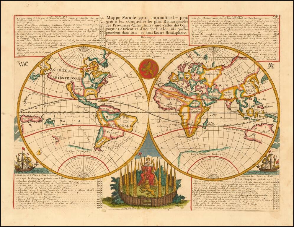 Mappe-Monde pour connoitre les progres & les conquestes les plus Remarquables des Provinces-Unies,   Ainsy que celles des Compagnies d'Orient et d'Occident.  Et les Pais quelles possedent dans l'un et dans l'autre Hemisphere