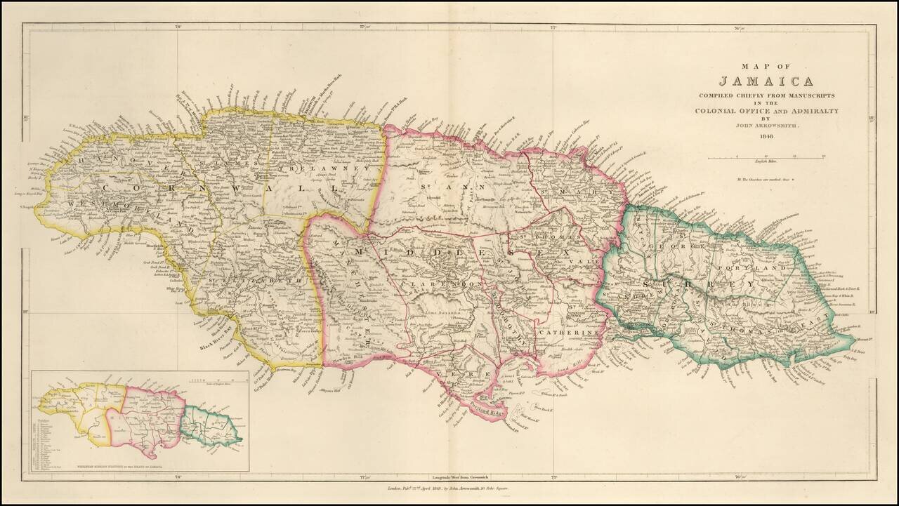 Map of Jamaica Compiled Chiefly From Manuscripts in the Colonial Office and Admiralty By John Arrowsmith 1848.