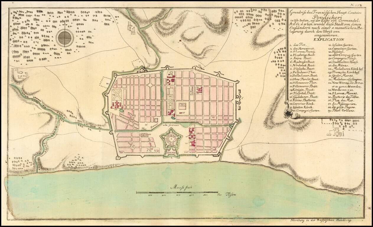 (Chennai) Grundriss ders Franzosischen Haupt-Comtoirs Pondicheri in Ost-Indien, auf der Kuste von Coromandel.  Ao. 1761 . . .