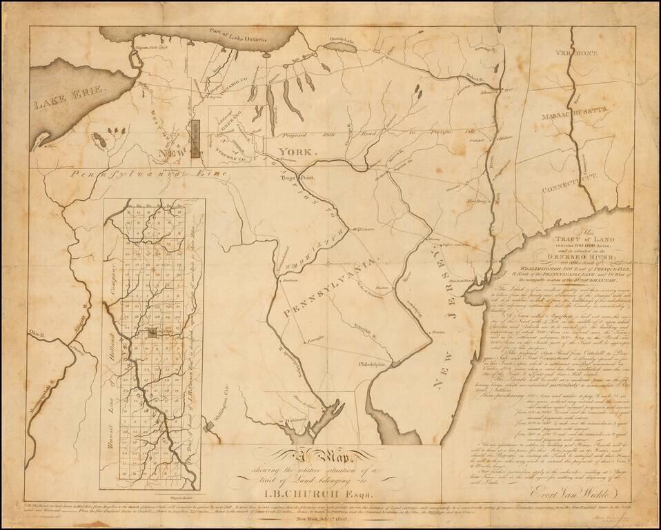 A Map shewing the relative situation of a tract of Land belonging to I.B. Church Esqr.  / .  This Tract of Land contains 100,000 Acres, and is situated on the Geneseo River; 22 Miles South of Williamsburgh, 100 East of Presque-Isle, 8 North of the Pennsyl