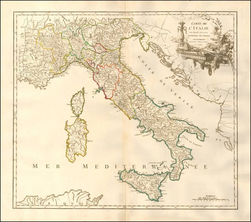 Carte De L'Italie dans laquelle sont tracees les Routes de Postes . . . 1756