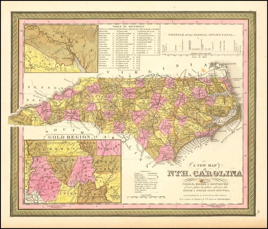 A New Map Of Nth. Carolina with its Canals, Roads, Distances from Place to Place, along the Stage & Steam Boat Routes