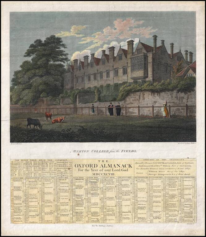 (Oxford)  Merton College from the Fields.  The Oxford Almanack For the Year of our Lord God MDCCXCVIII