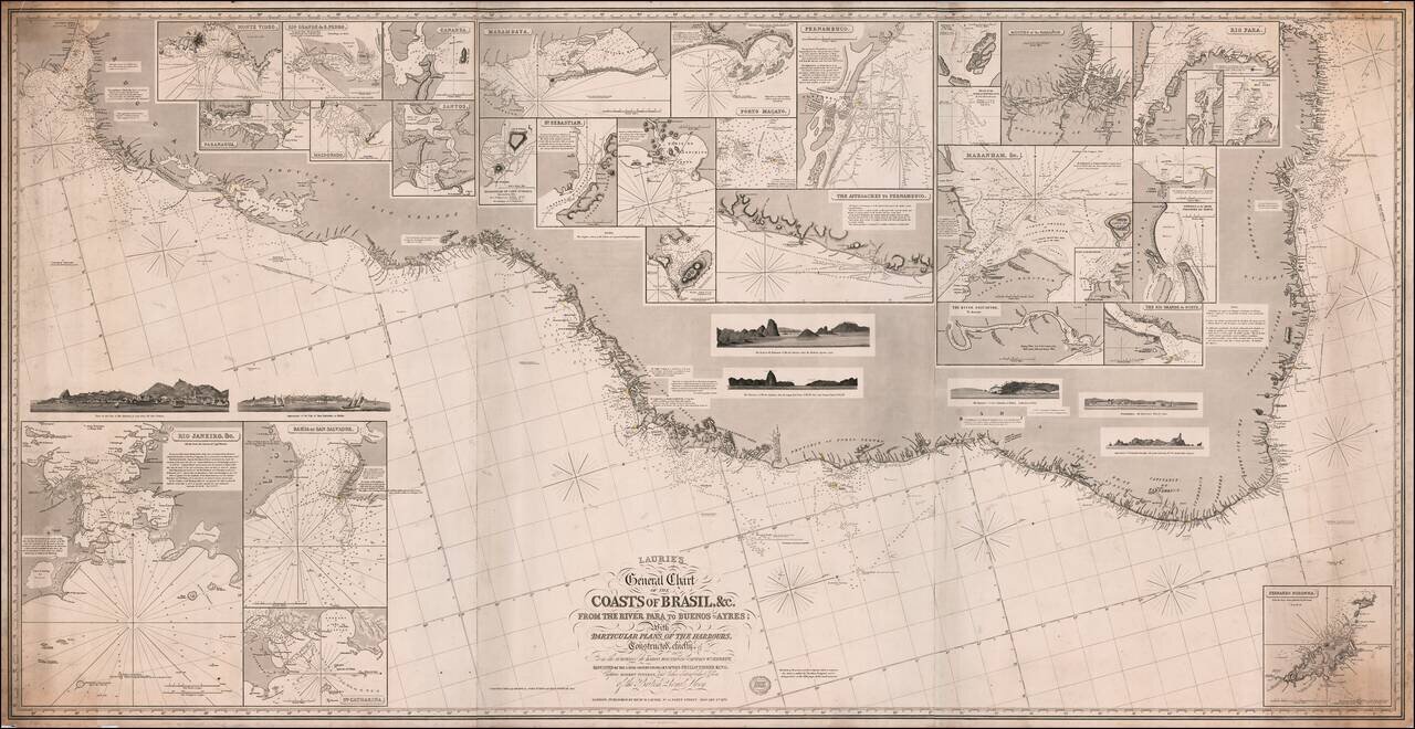 Laurie's General Chart of the Coasts of Brasil, &c. From The River Para to Buenos-Ayres; With Particular Plans of the Harbours.  Constructed chiefly From the surveys of the  Baron Roussin and Captain Wm. Hewett, Adjusted by the later observations of Capta
