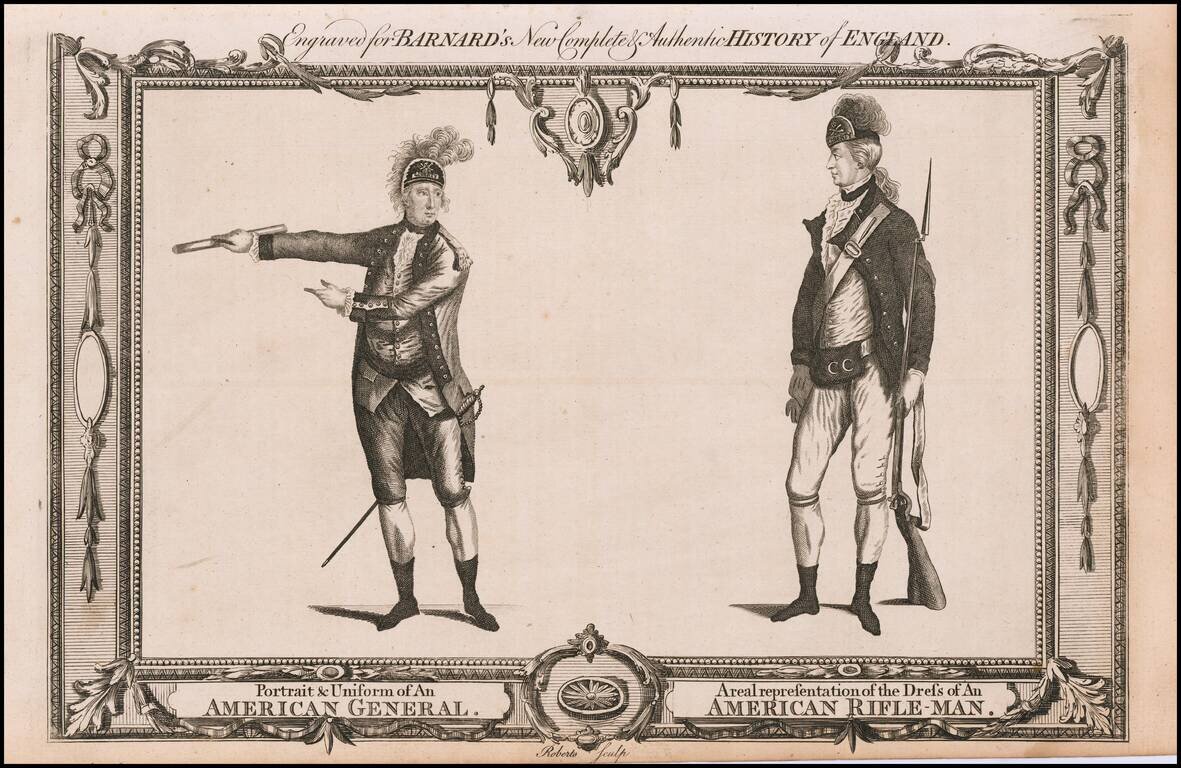 Portrait & Uniform of An American General (and) A real representation of the Dress of an American Rifle-man.