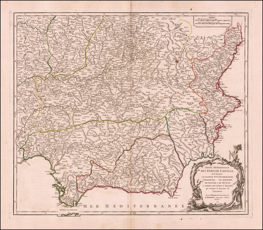 Partie Meridionale Des Etats de Castille ou se trouvent La Castille Nlle., L'Estremadure, L'Andalousie, Les Royaumes De Grenade et De Murcie; et Partie Des Etats D'Argon, qui contient le Royaume de Valence . . . 1751
