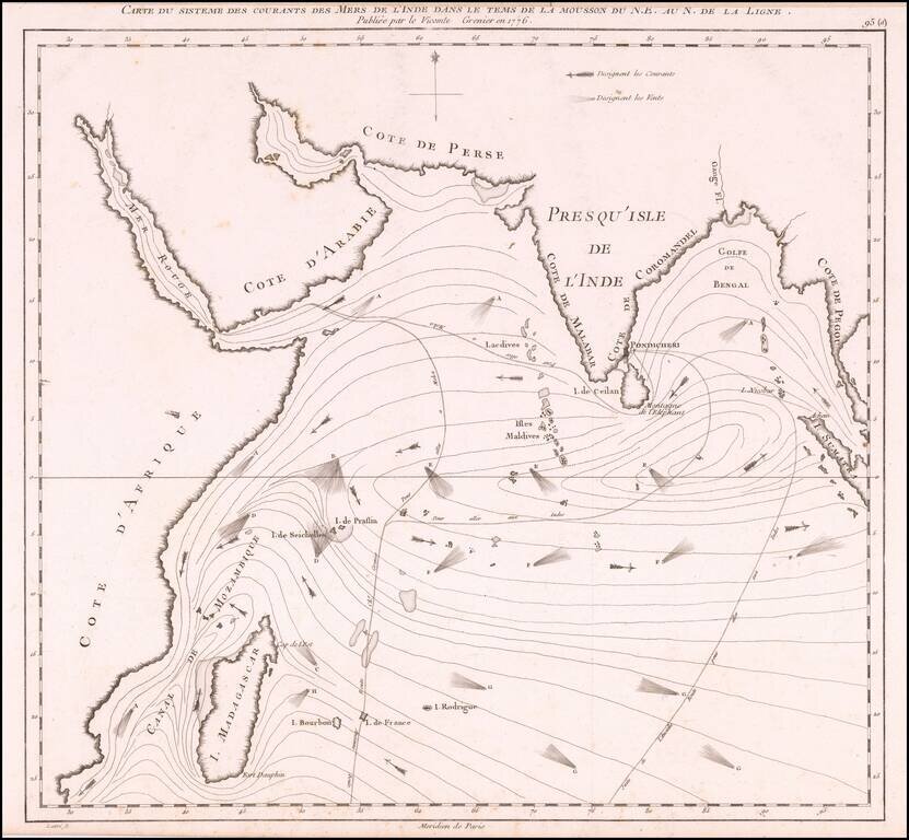 [Indian Ocean Currents]  Carte du Sisteme des courants des Mers de L'Inde dans le tems de la mousson du N.E. au N. de la Ligne.  Publiee par Vicomte Grenier en 1776