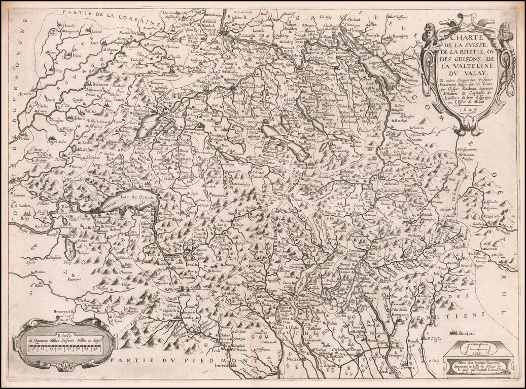 Charte De La Suisse, De La Rhetie, ou Des Grisons, De La Valtelin, Du Valay, & autres Seigneuries Visines Exactement dressee sur les Lieux par Gaspr Baudouin Ingenieur Militaire & Capitaine de l'artillerie du Roy . . . en L'Estat de Millan -- 1625